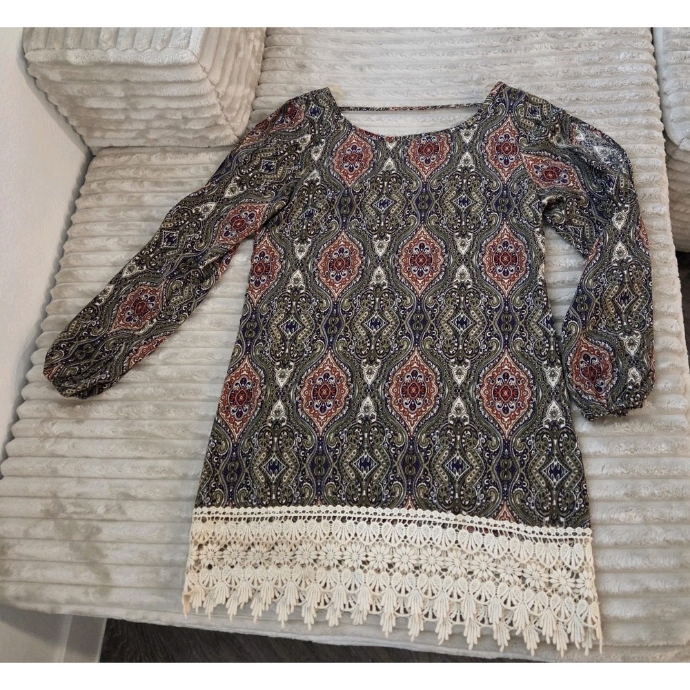 Olive Tree Boho Paisley Shirt Small S Shoulder Slit Crochet Lace Trim Long